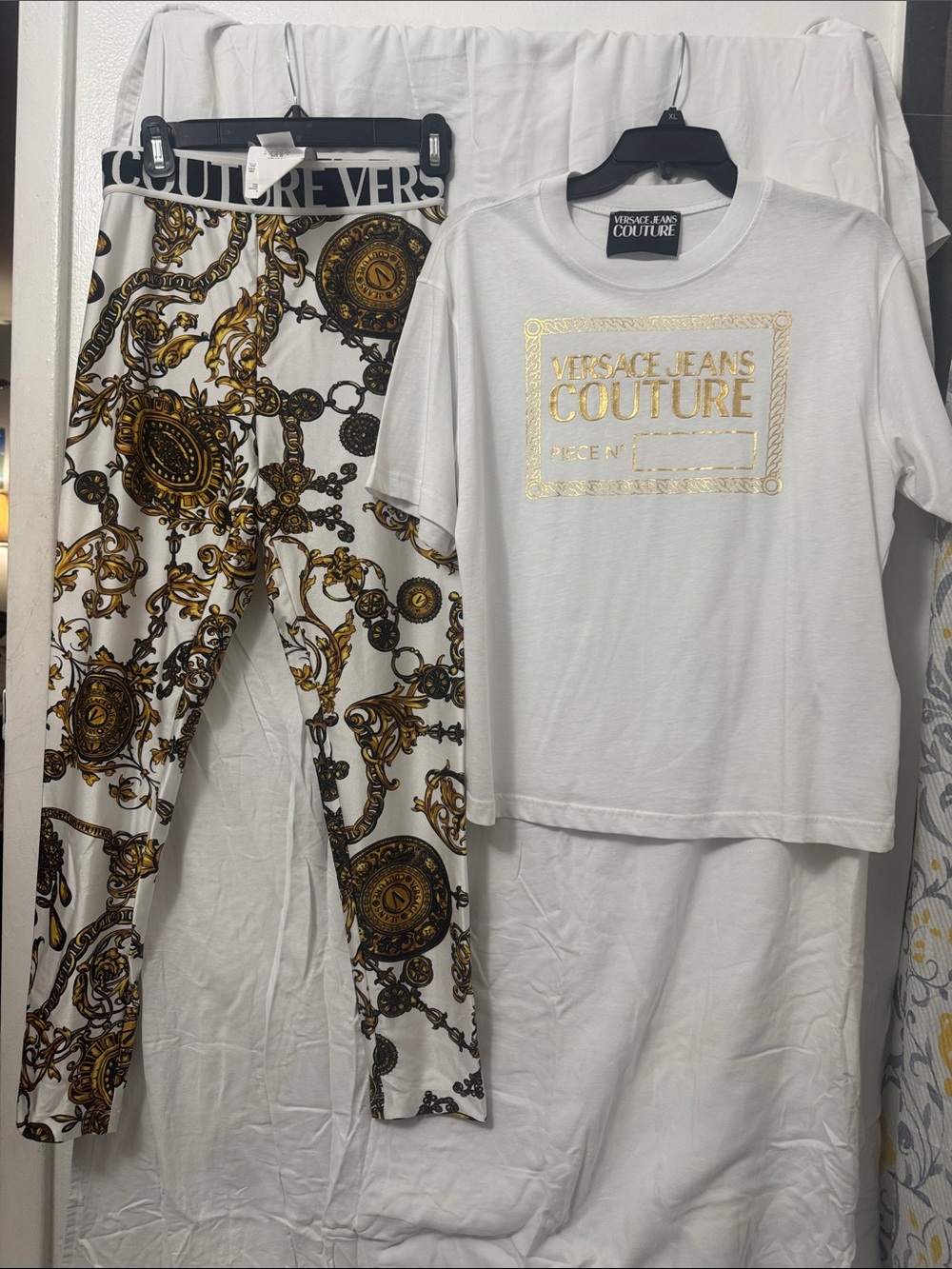 Versace Jeans Couture White & Gold Baroque Print Pants and Tee Set